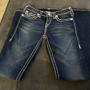 Women true religion, blue jeans with pink stitching size 14
